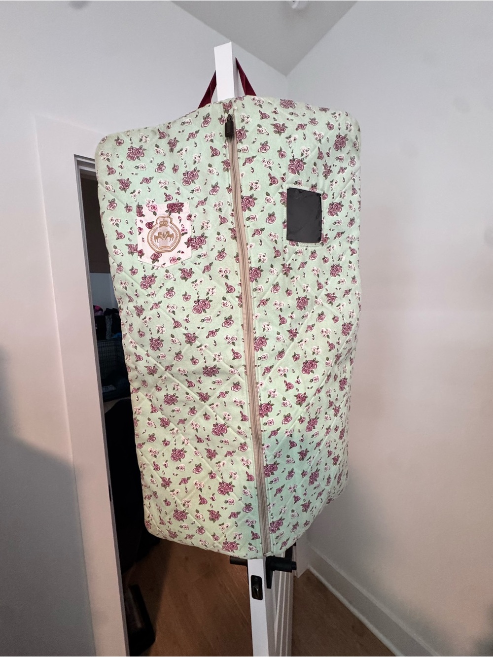 Floral Quilted Garment Bag Travel Cover - Mint with Pink Roses